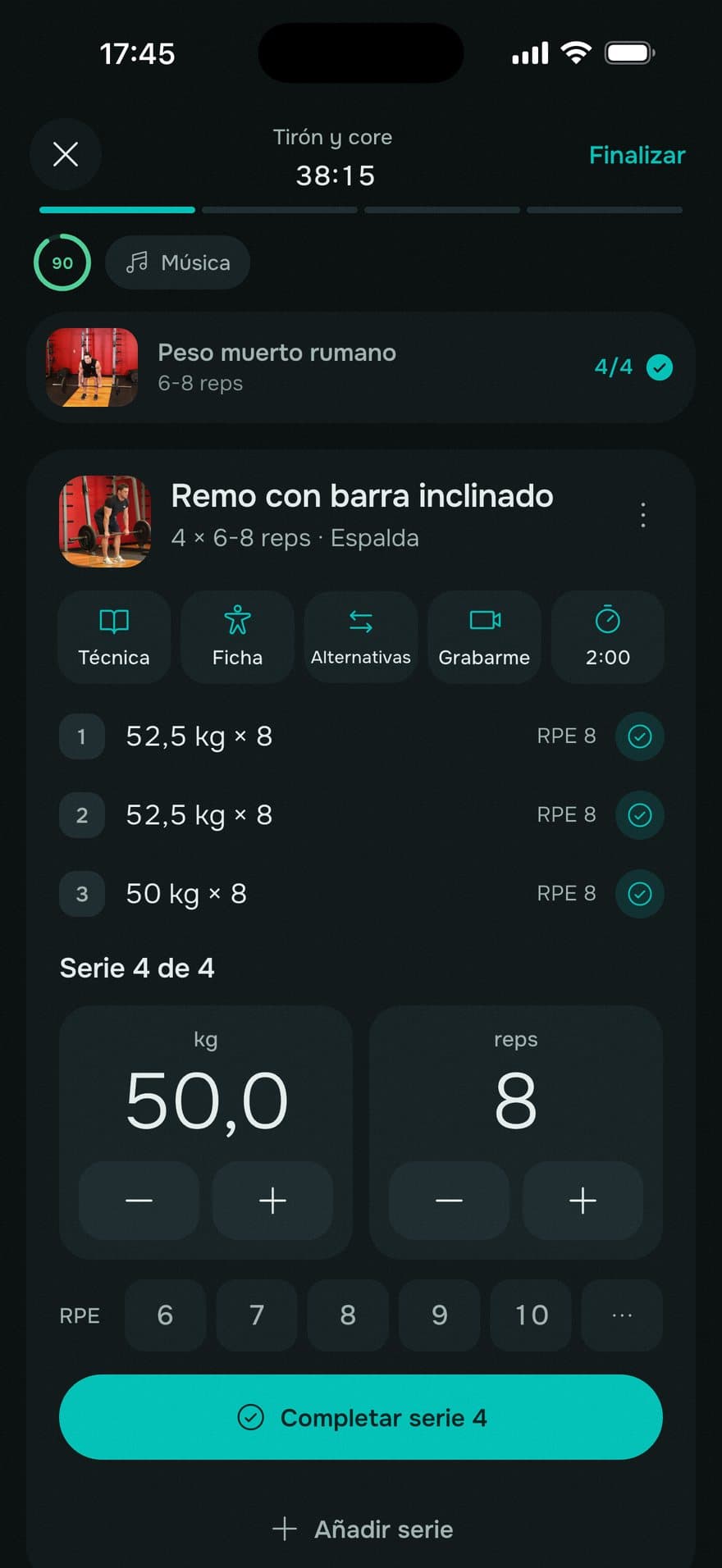 La app: registrando una serie del entreno