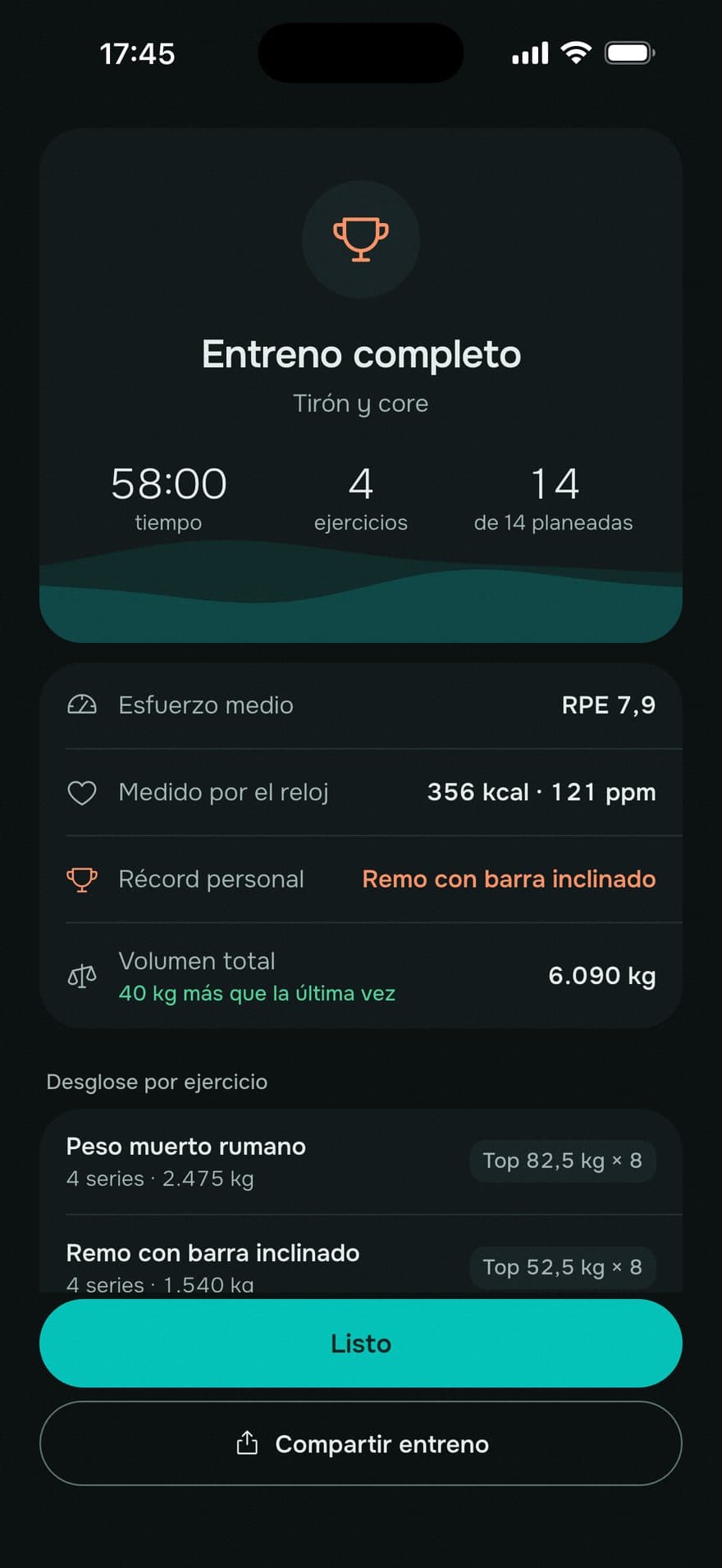 La app: resumen de un entreno con un récord personal